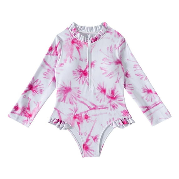 XEGLSBU Girls Swimsuit Size 6-8 Big Kid Printed Girl Long Sleeved Fresh Fashion Pull Swimsuit Hot Pink Size 6-8 Years