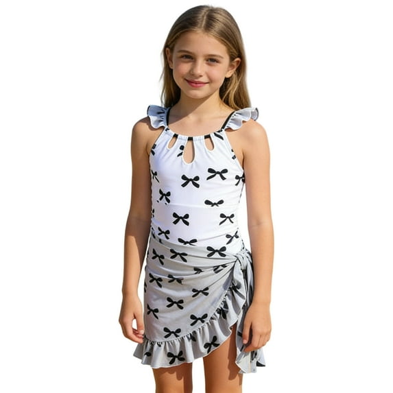 XEGLSBU Girls Swimsuits Size 10-12 1 Piece Elegant Swimsuit for Girls Cute Ruffled Bathing with Bowknot Beach Pool Wear A-White Size 11-12 Years