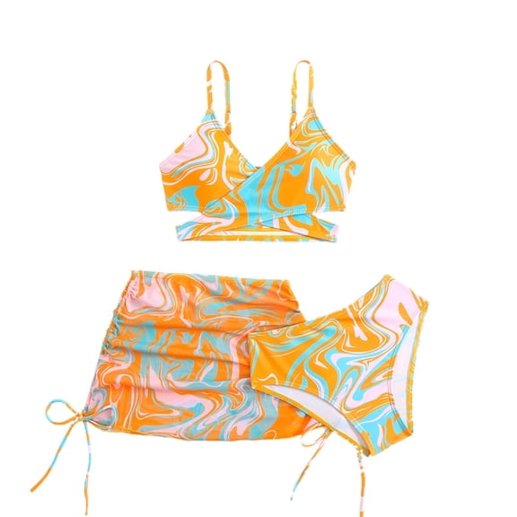 XEGLSBU Girls Swimsuits Size 14-16 Padded Girl's 3 Piece Swimsuit Bathing Suit High Waist Bikini Sets with Cover Up Orange Size 7-8 Years