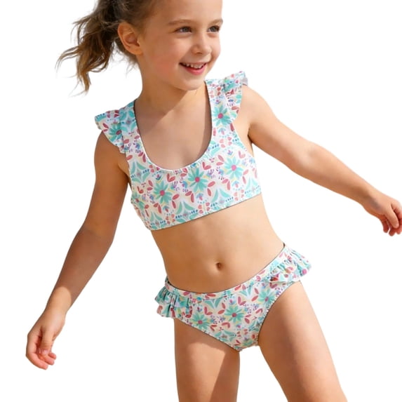 XEGLSBU Girls Swimsuits Toddler Girls Swimsuit Set Ruffle Trim Bikini with Floral Pattern UPF 50+ Sun Protction Swimwear A-Green Size 5-6 Years