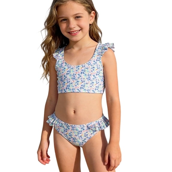 XEGLSBU Girls Swimsuits Toddler Girls Swimsuit Set Ruffle Trim Bikini with Floral Pattern UPF 50+ Sun Protction Swimwear B-Blue Size 5-6 Years