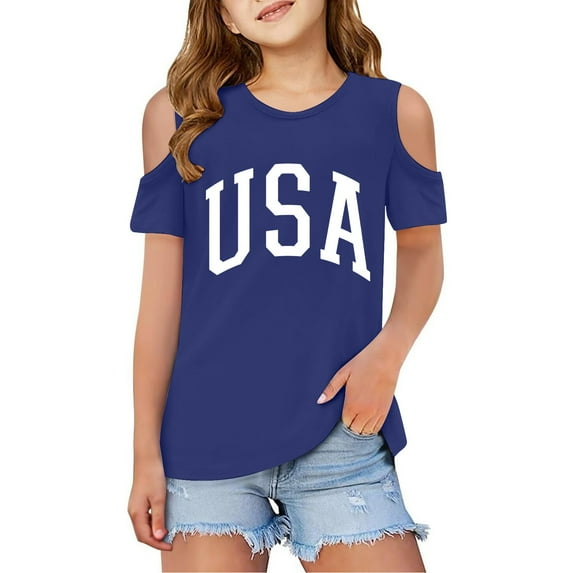 XEGLSBU Girls T-Shirts Size 10-12 Children Kids Girls Short Sleeve Cold Shoulder T Shirts Kids Summer Oversized Tops Casual Crewneck Basic Tees Blue Size 11-12 Years