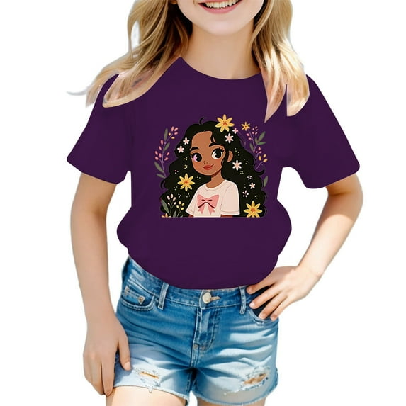 XEGLSBU Girls T Shirts Size 10-12 Organic Cotton Kid Girls Cute Print Graphic Round Neck Short Sleeve Tee Summer Casual T Shirt Purple Size 5-6 Years