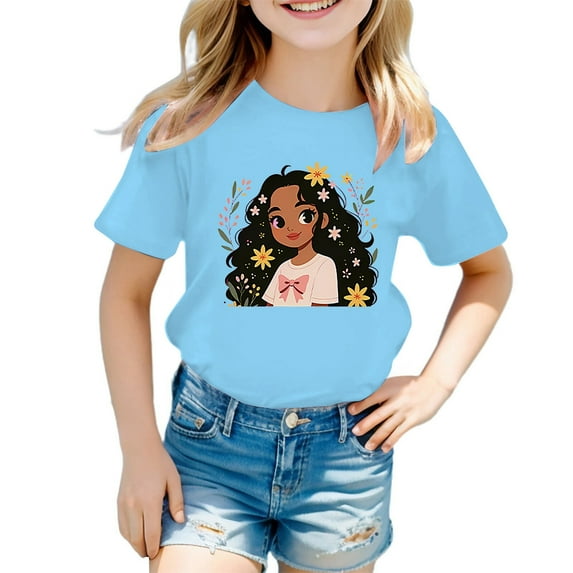 XEGLSBU Girls T Shirts Size 6 Kid Girls Cute Print Graphic Round Neck Short Sleeve Tee Summer Casual T Shirt Blue Size 11-12 Years