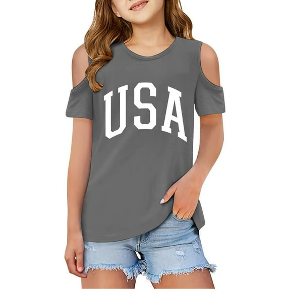 XEGLSBU Girls T-Shirts Size 7-8 Children Kids Girls Short Sleeve Cold Shoulder T Shirts Kids Summer Oversized Tops Casual Crewneck Basic Tees Grey Size 7-8 Years