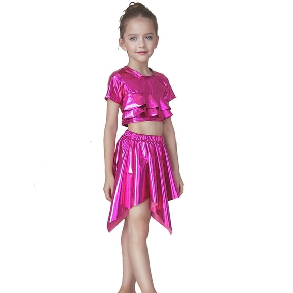 XEGLSBU Girls T Shirts Size 8/10 Girls Performance Shiny Short Sleeve Tee Top for Stage Dance Party and Casual Wear Hot Pink Size 10-11 Years