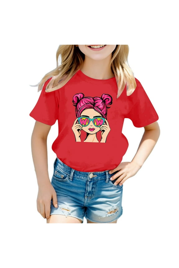 Girls Tshirts 12/14 Girls Cute Graphic Print Round Neck Short Sleeve Tee Summer Casual T Shirt Red Size 3-4 Years