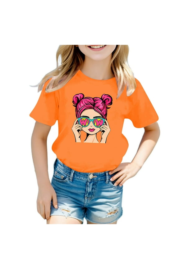 Girls Tshirts 6-7 Years Old Girls Cute Graphic Print Round Neck Short Sleeve Tee Summer Casual T Shirt Orange Size 5-6 Years