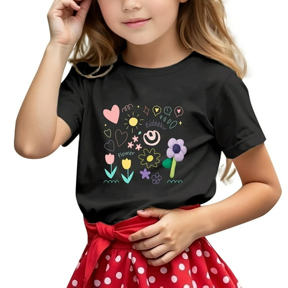 XEGLSBU Girls Tshirts 8-10 Years Old Birthday Children's Casual Short Sleeved T Shirt Alphabet Printed Round Neck T Shirt Black Size 8-9 Years