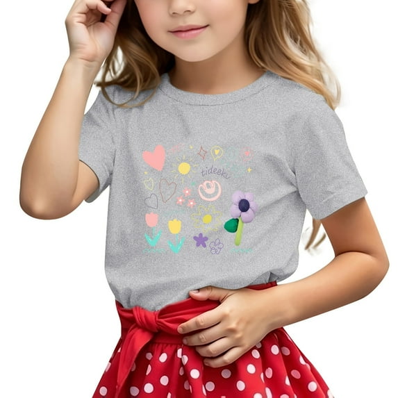 XEGLSBU Girls Tshirts 8-10 Years Old Cotton Children's Casual Short Sleeved T Shirt Alphabet Printed Round Neck T Shirt Grey Size 10-11 Years