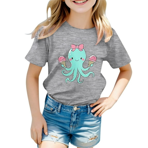 XEGLSBU Girls Tshirts 8-10 Years Old Short Sleeve Girls Clothes Cute Graphic Shirts Kids Short Sleeve T Shirt Ocean Tee Tops Grey Size 3-4 Years
