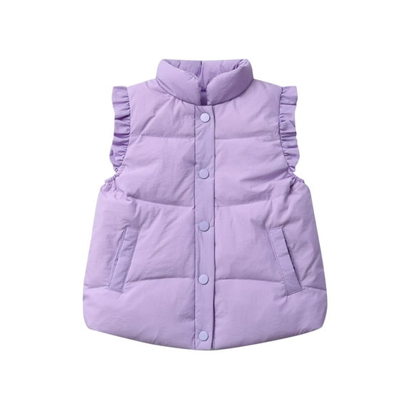XEGLSBU Girls Winter Coat Children's Down Vest Autumn and Winter Warm Sleeveless Lace Shoulders Pure Color Vest for Baby Girls Purple Size 4-5 Years