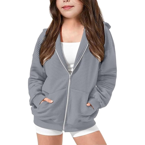 XEGLSBU Girls Zip up Hoodies Full-Zip Solid Color Hood Jacket with Casual Fall Hoodie with Pockets for Toddler and Teen Grey Size 9-10 Years