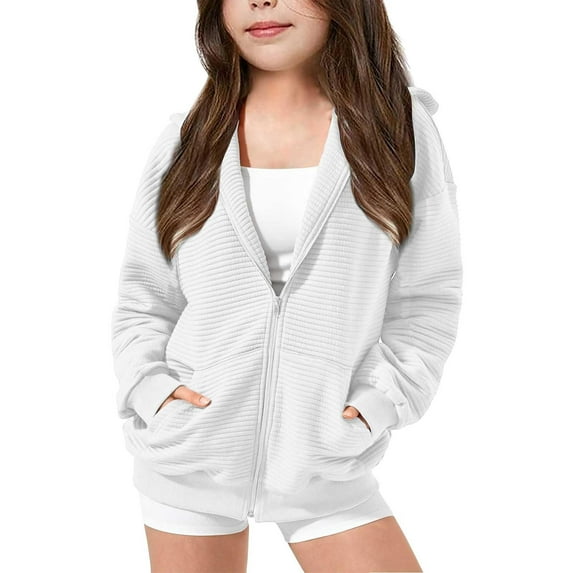 XEGLSBU Girls Zip up Hoodies Full-Zip Solid Color Hood Jacket with Casual Fall Hoodie with Pockets for Toddler and Teen White Size 7-8 Years
