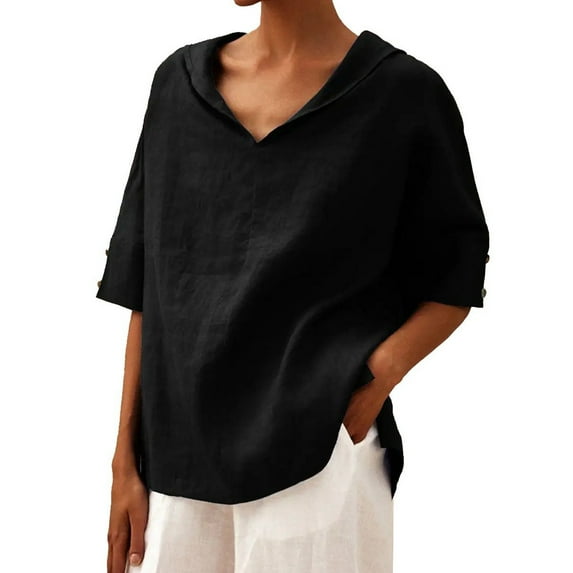 XEGLSBU Half Sleeve Shirts for Women Cotton 2026 Women's Solid Color and Linen Loose Top T Shirt Black Size XXL