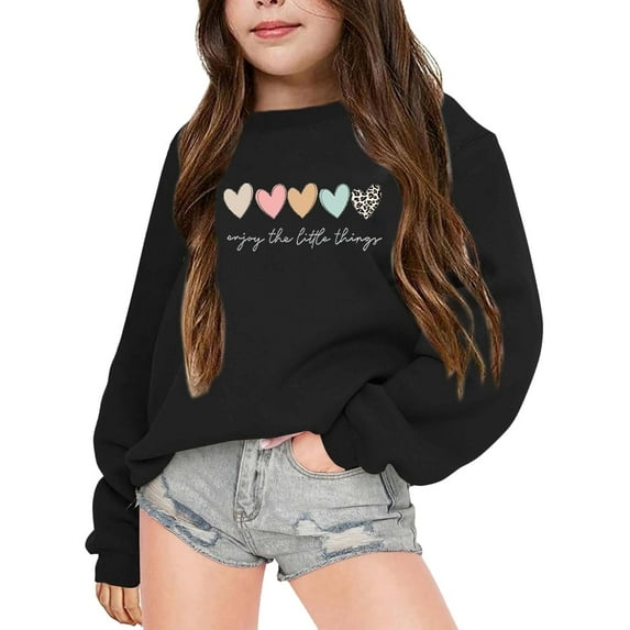 XEGLSBU Hoodies for Girls 10-12 Navy Blue Children's Autumn And Winter Part Letter Printed Round Neck Long Sleeved Sweatshirt Black-B Size 11-12 Years