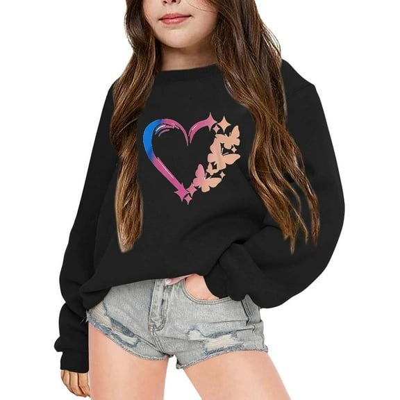 XEGLSBU Hoodies for Girls 10-12 Navy Blue Children's Autumn And Winter Part Letter Printed Round Neck Long Sleeved Sweatshirt Black-A Size 9-10 Years