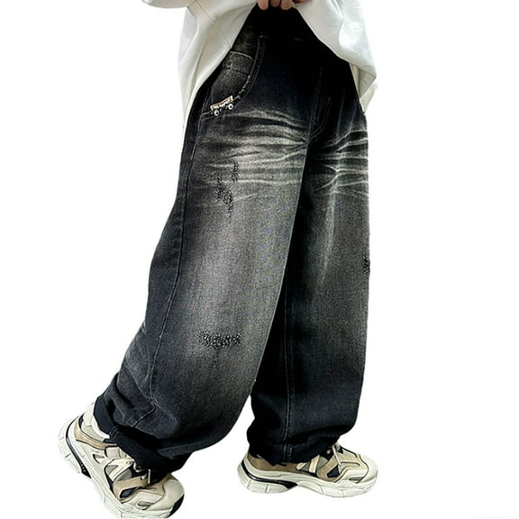 XEGLSBU Jeans for Boys Size 18 Boys Cargo Trousers Fully Elastic Waist Trousers for Children Regular Fit Age 4 12 Years Boys Pants Jeans Size 5 Stretch Black Size 11-12 Years