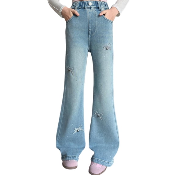 XEGLSBU Jeans for Girls 12-14 Denim Girls Denim Bottom Pants with Handmade Bow Applique and Rhinestone Embellishment Casual Wear Blue Size 13-14 Years