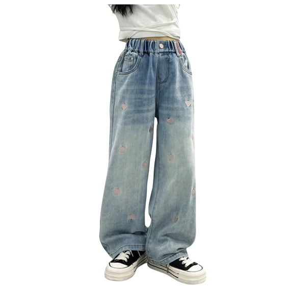 XEGLSBU Jeans for Girls Size 6 Boot Cut Girls Fashion Cute Embroidered Pants Elastic Waist Wide Leg Jeans Casual Demin Pants with Pockets Blue Size 8-10 Years