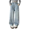 thumbnail image 1 of XEGLSBU Jeans for Girls Girls Denim Pants Straight Leg Loose Fit with Side Seam Rhinestone Embellishment for Daliy Wear Light Blue Size 15-16 Years, 1 of 6