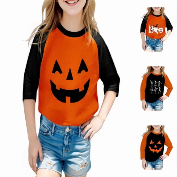 XEGLSBU Kids T Shirts with Festive Halloween Cute Graphic Design Tops for Boys and Girls Holiday Party Wear Orange-2 Size 9-10 Years