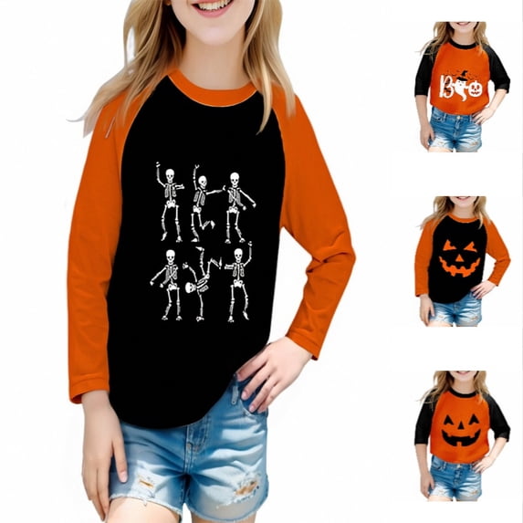 XEGLSBU Kids T Shirts with Festive Halloween Cute Graphic Design Tops for Boys and Girls Holiday Party Wear Orange-3 Size 13-14 Years