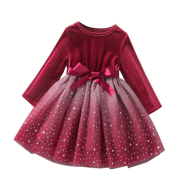 XEGLSBU Pageant Dresses for Girls 7-8 Kids Toddler Child Baby Girls Long Sleeve Bowknot Patchwork Tulle Dress Princess Dress Outfits Clothes Girls Dresses Size 5-6 Red Size 4-5 Years