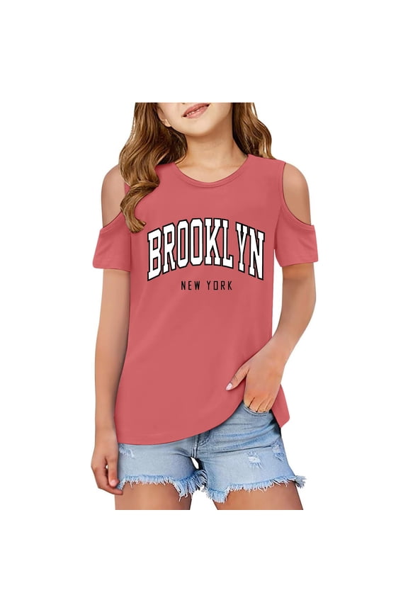 Shirts for Girls 10-12 Trending Children Kids Girls Short Sleeve Cold Shoulder T Shirts Kids Summer Oversized Tops Casual Crewneck Basic Tees Pink Size 7-8 Years