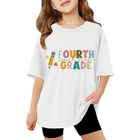 XEGLSBU Shirts for Girls 7-8 Cute Girls Casual Short Sleeve T Shirt Round Neck Graphic Print Loose Fit Tee for School Activities Spring Summer White Size 9-10 Years