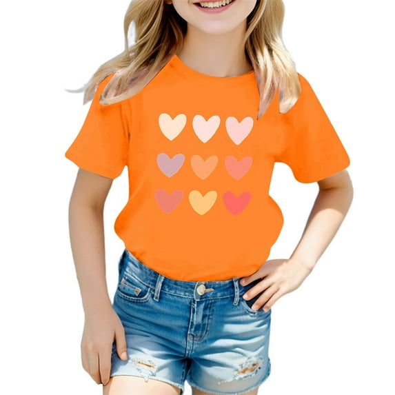 XEGLSBU Shirts for Girls 12-14 Crop Top Kids Girls Cute Graphic Print Round Neck Short Sleeve Tee Summer Casual T Shirt Orange Size 7-8 Years