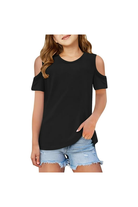 Shirts for Girls 14-16 Teen Children Kids Girls Short Sleeve Shirts Cute Crew Neck Cold Shoulder Tee Top Black Size 11-12 Years