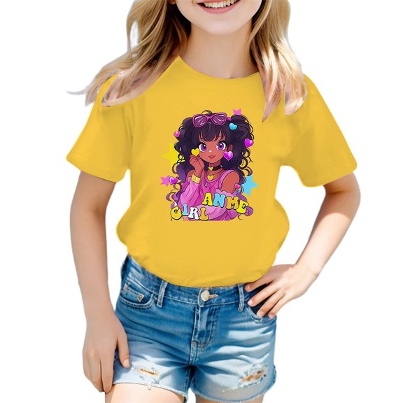 XEGLSBU Shirts for Girls 14-16 Trendy Kid Girls Cute Print Graphic Round Neck Short Sleeve Tee Summer Casual T Shirt Yellow Size 3-4 Years