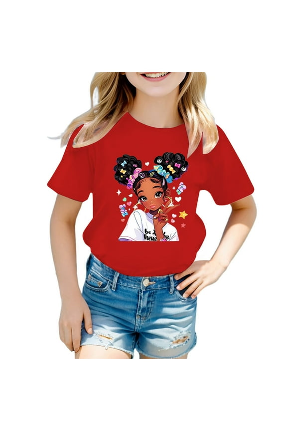 Shirts for Girls 9-10 Years Old Cute Top Kid Girls Cute Graphic Round Neck Short Sleeve Tee Summer Casual T Shirt Red Size 13-14 Years
