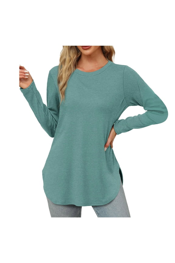 Shirts for Women Dressy Casual Fall Womens Long Sleeve Round Neck Shirts Side Split Basic Loose Tunic Tops Casual Blue Size XXL