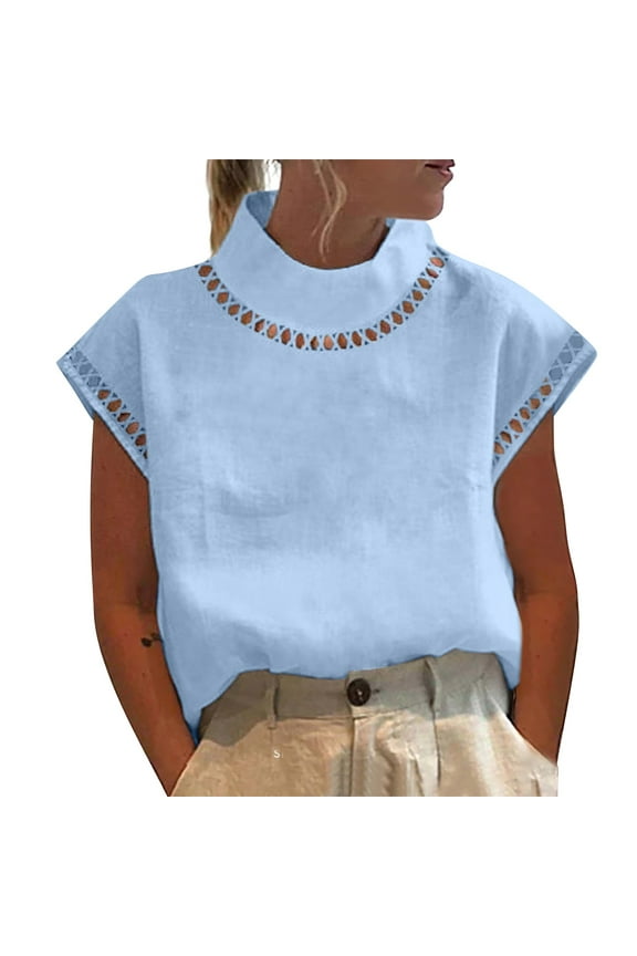 Shirts for Women Graphic Tees Funny Women's Solid Color Summer Cut out Pullover Sleeveless Short Sleeve Collar Shirt Top Vest Blue Size L
