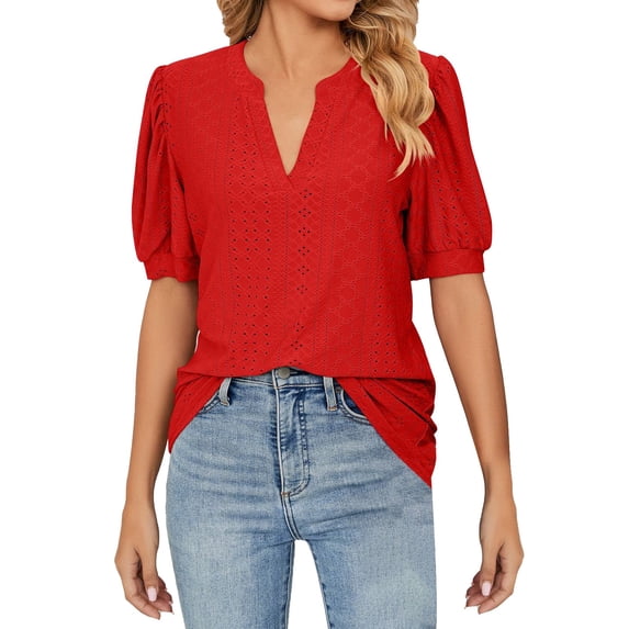 XEGLSBU Shirts for Women Short Sleeve Loose Women's Casual Summer V Neck Solid Color Hollow Short Sleeve Loose T Shirt Top Red Size XL