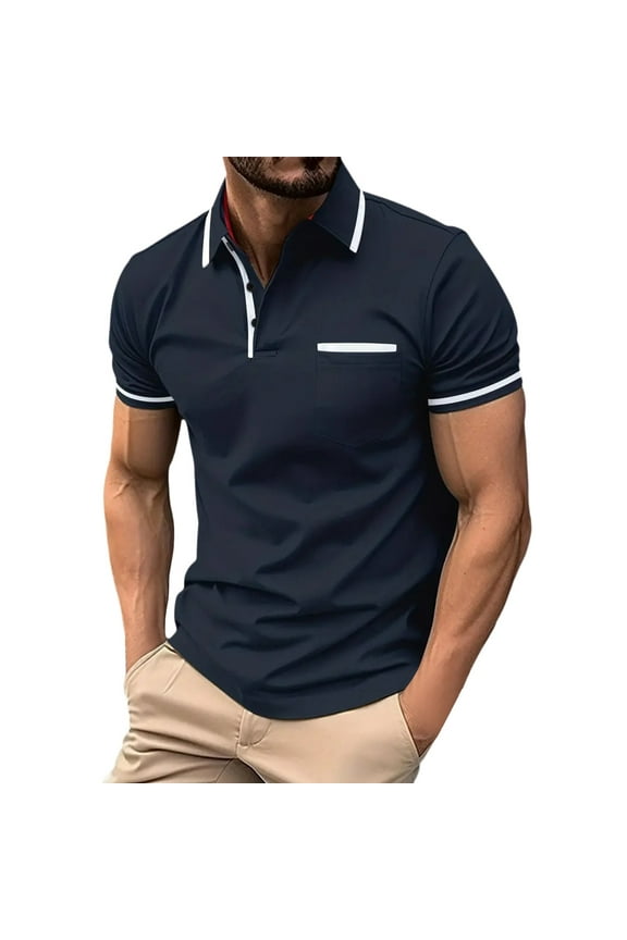 Short Sleeve Shirts for Men Work Male Spring Business Lapel T Shirt Bottoming Shirt Short Sleeve Shirt Patchwork Top Long Sleeve Shirts for Men Button up Work Navy Size XXL