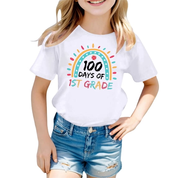 XEGLSBU Short Sleeve Shirts for Girls 14-16 Back to School Kids Casual Print Short Sleeve T Shirt Loose Fit Round Neck Top for Girls White Size 140