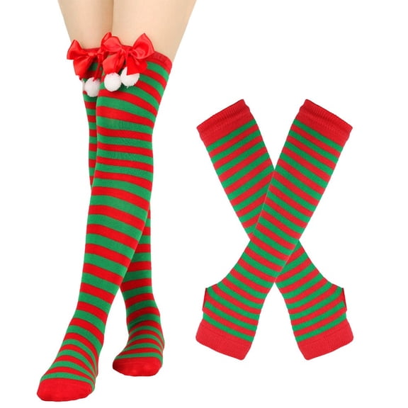 XEGLSBU Socks for Women Cotton Long Christmas Stocking Woolen Bow Striped Knee over Socks Gloves Holiday Party Home Dress Gloves Socks Set Socks for Women Long Winter Multicolor One Size