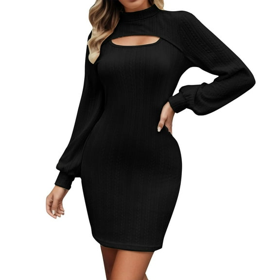 XEGLSBU Sweater Dresses for Women 2025 Plus Size Womens Long Sleeve Knitted Sweater Dress Hollow Knit Dress Bodycon Formal Dress Womens Sweater Dress Long Sleeve Black Size M