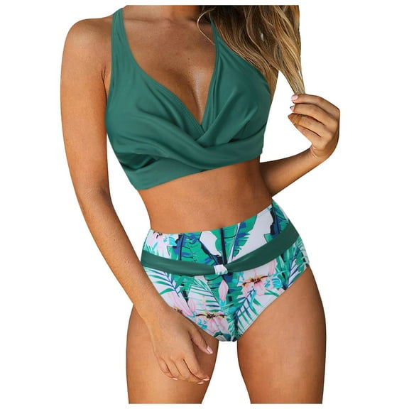 XEGLSBU Swim Suits for Women 2026 Tankini Strapless Women High Waisted Bikini Push up Two Piece Swimsuits Vintage Swimsuit Two Piece Retro Ruched High Waist Print Bikini Set Green Size XL