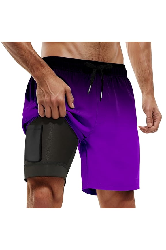 Swim Trunks Men Compression Liner Board Shorts Men's Casual Sports Beach Plus Size Gradient Print Double Layer Shorts Dark Purple Size XXL
