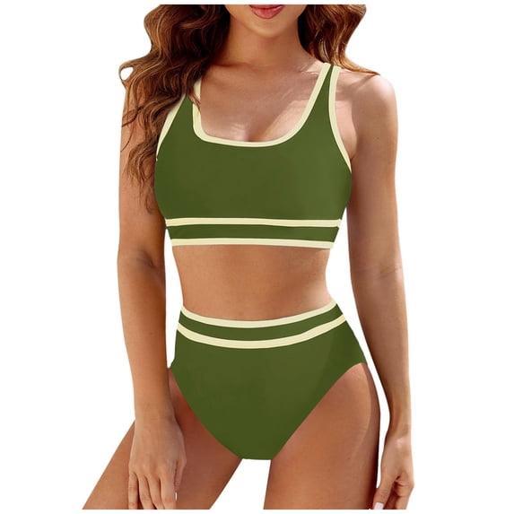 XEGLSBU Swimsuit for Women High Waisted High Cut Women's High Waisted Bikini Sets Sporty Two Piece Swimsuit Color Block High Cut Bathing Suits Army Green Size L