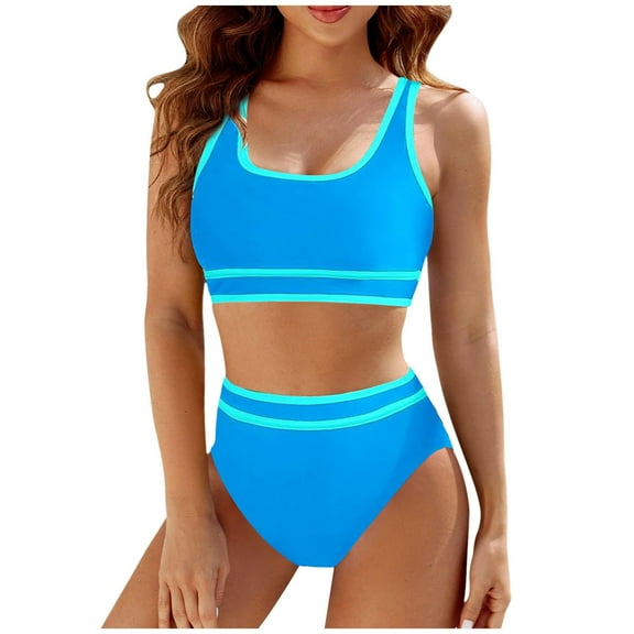 XEGLSBU Swimsuit for Women Tummy Control and Sleeves Women's High Waisted Bikini Sets Sporty Two Piece Swimsuit Color Block High Cut Bathing Suits Blue Size S