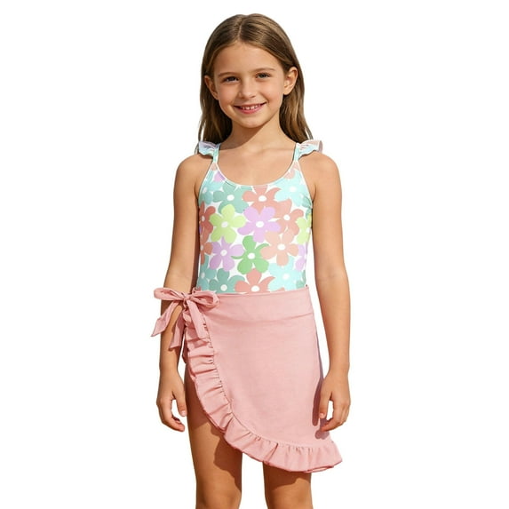 XEGLSBU Swimsuit for Girls 10 12 1 Piece Girls Swimsuit Cute Ruffle Trim Tankini Sun Swimwear for Toddler and Kids Pink Size 11-12 Years