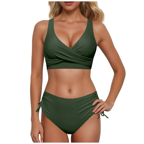 XEGLSBU Swimsuits for Women 2 Piece Women High Waisted Bikini Push up Two Piece Swimsuits Vintage Swimsuit Two Piece Retro Ruched High Waist Print Bikini Set Army Green Size M