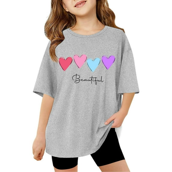 XEGLSBU T-Shirts for Girls 8-9 Children Kids Girls Letter Printed Short Sleeve T Shirts Kids Oversized Tops Casual Crewneck Basic Tees Grey Size 5-6 Years