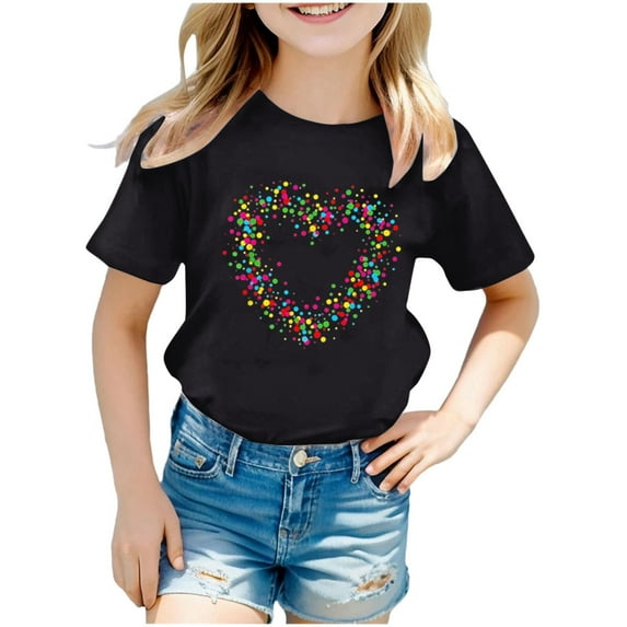 XEGLSBU T-Shirts for Girls Girls Casual Short Sleeve Crewneck T Shirt Top Soft Comfortable Kids Tee with Print Designs for Play and School Activities Black Size 4-5 Years