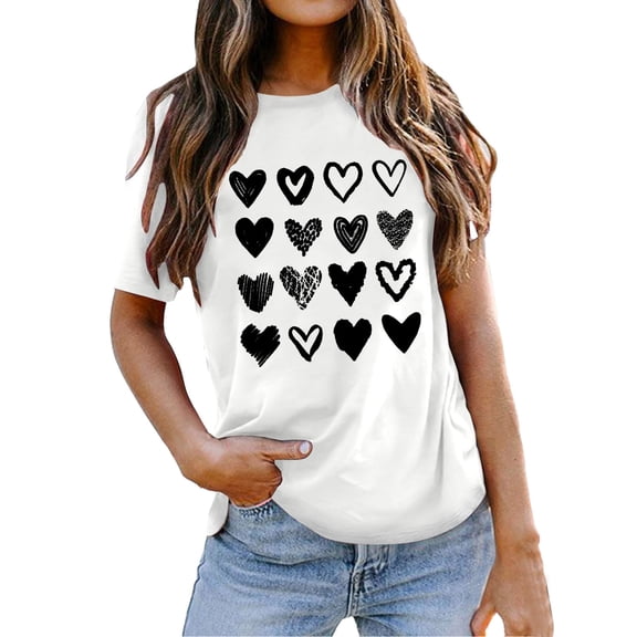 XEGLSBU T Shirts for Women Pack Fitted T-shirts for Womens Valentine's Day Graphic Tees Short Sleeve Heart Tshirts Cute Valentine for Her White Size M